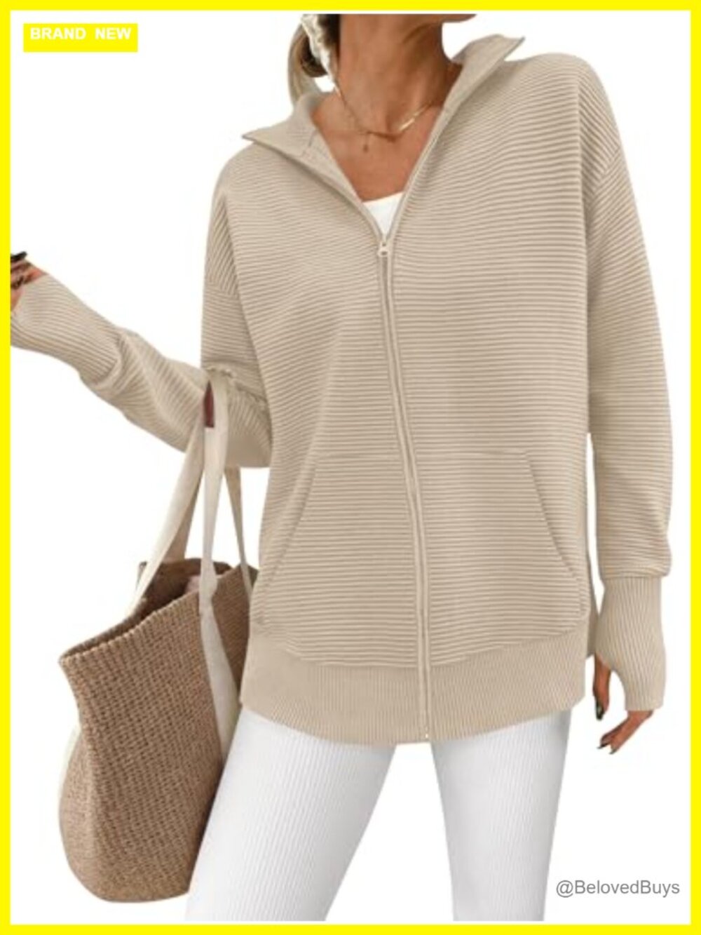 Women's Zip Up Ribbed Knit Cardigan Sweater with Thumb Holes
